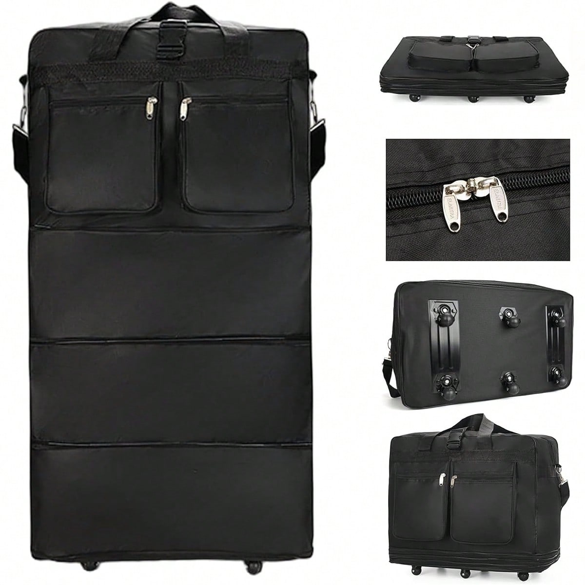 Foldable Rolling Luggage Bag - Zwarte reistas met wielen, uitbreidbaar en