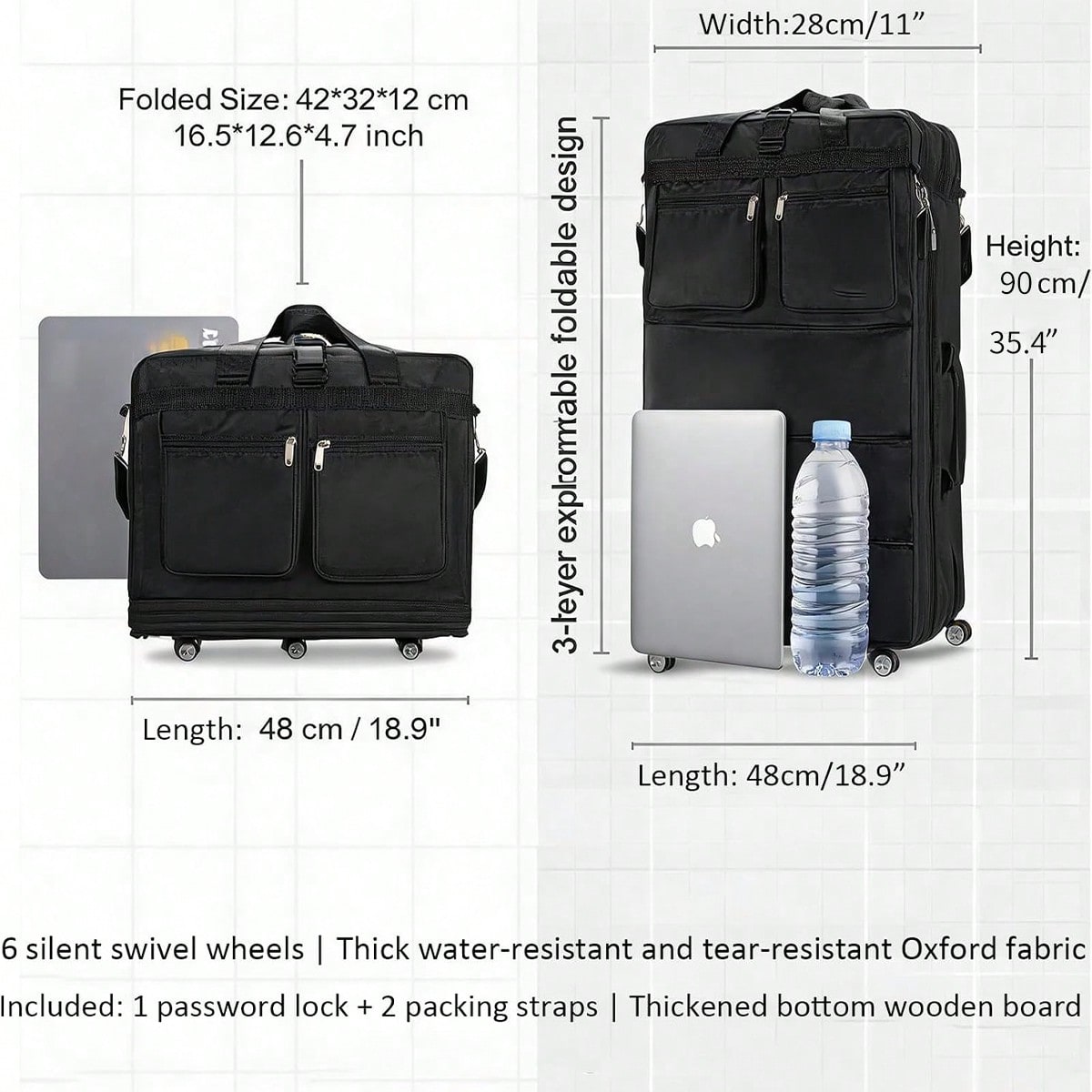 Zwarte reistas met wielen, uit - Foldable Rolling Luggage Bag recensie en prijs